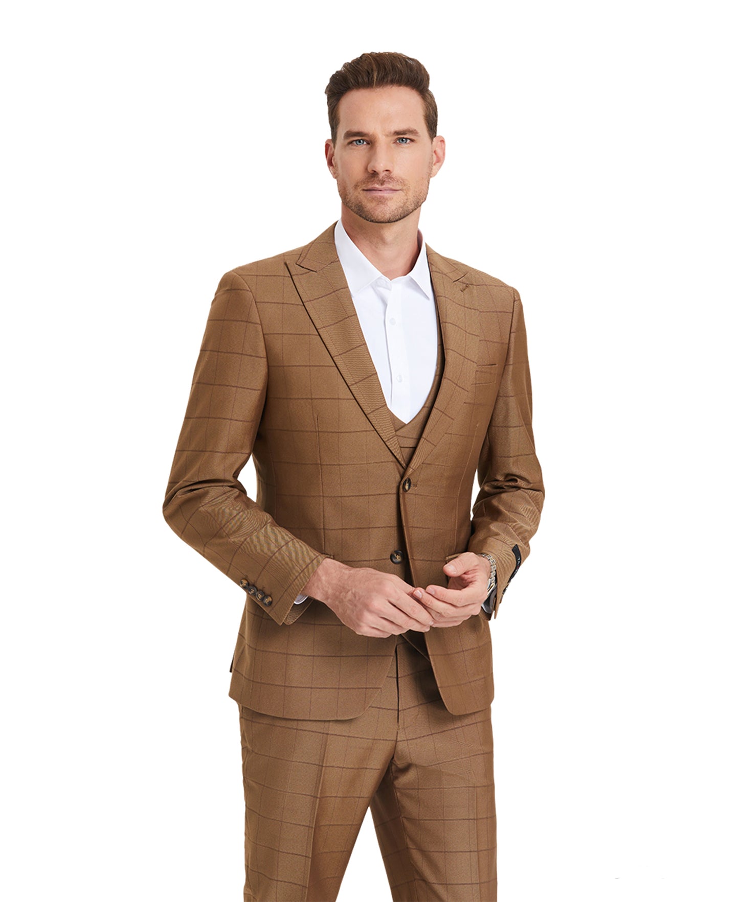 Tazzio Skinny Fit Window Plaid Suit, Double Breast U-Shape Vest, Walnut