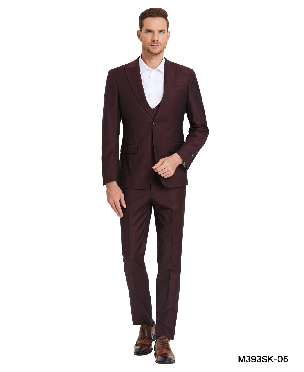 Tazzio Skinny Fit Window Plaid Suit, Double Breast U-Shape Vest, Dark Burgundy