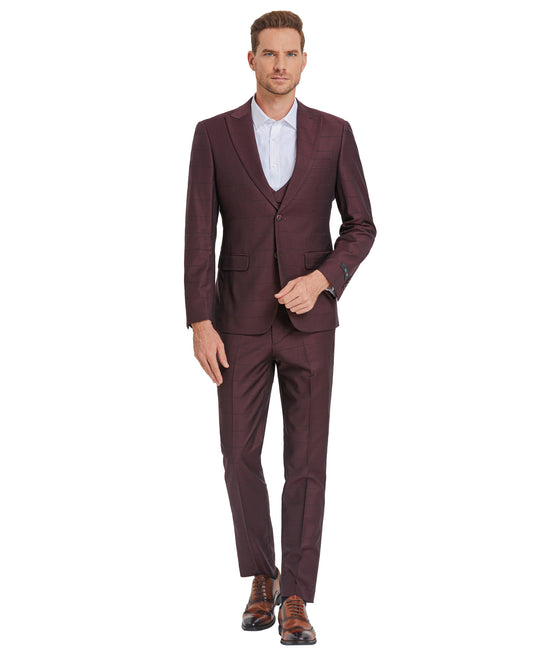 Tazzio Skinny Fit Window Plaid Suit, Double Breast U-Shape Vest, Dark Burgundy