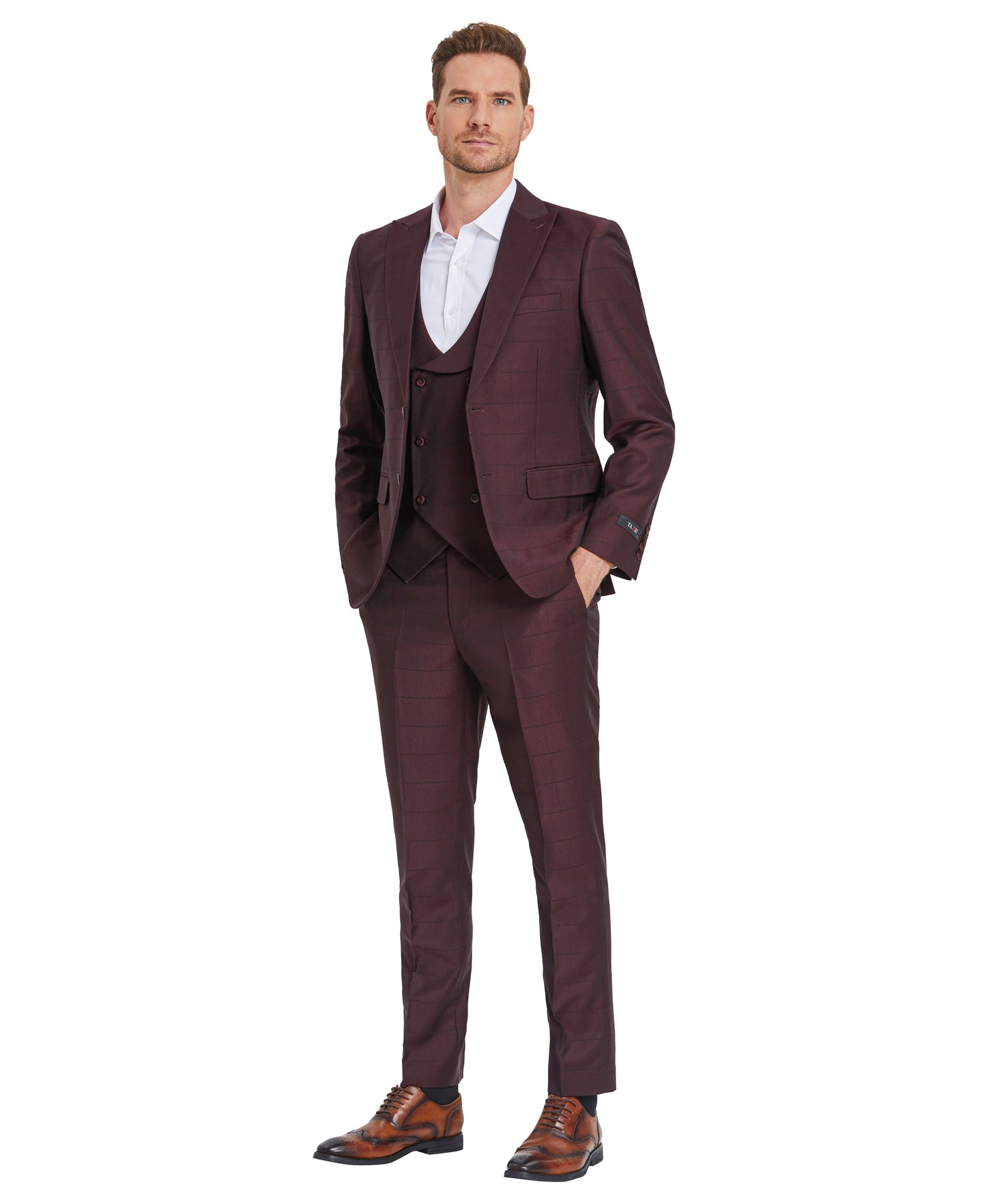 Tazzio Skinny Fit Window Plaid Suit, Double Breast U-Shape Vest, Dark Burgundy