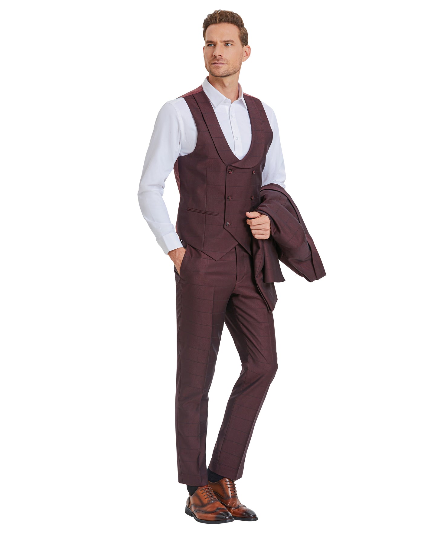 Tazzio Skinny Fit Window Plaid Suit, Double Breast U-Shape Vest, Dark Burgundy