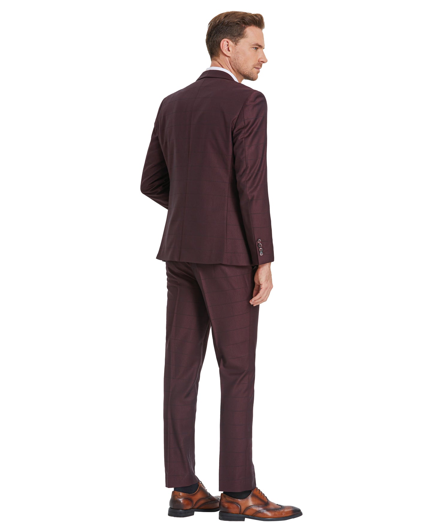Tazzio Skinny Fit Window Plaid Suit, Double Breast U-Shape Vest, Dark Burgundy