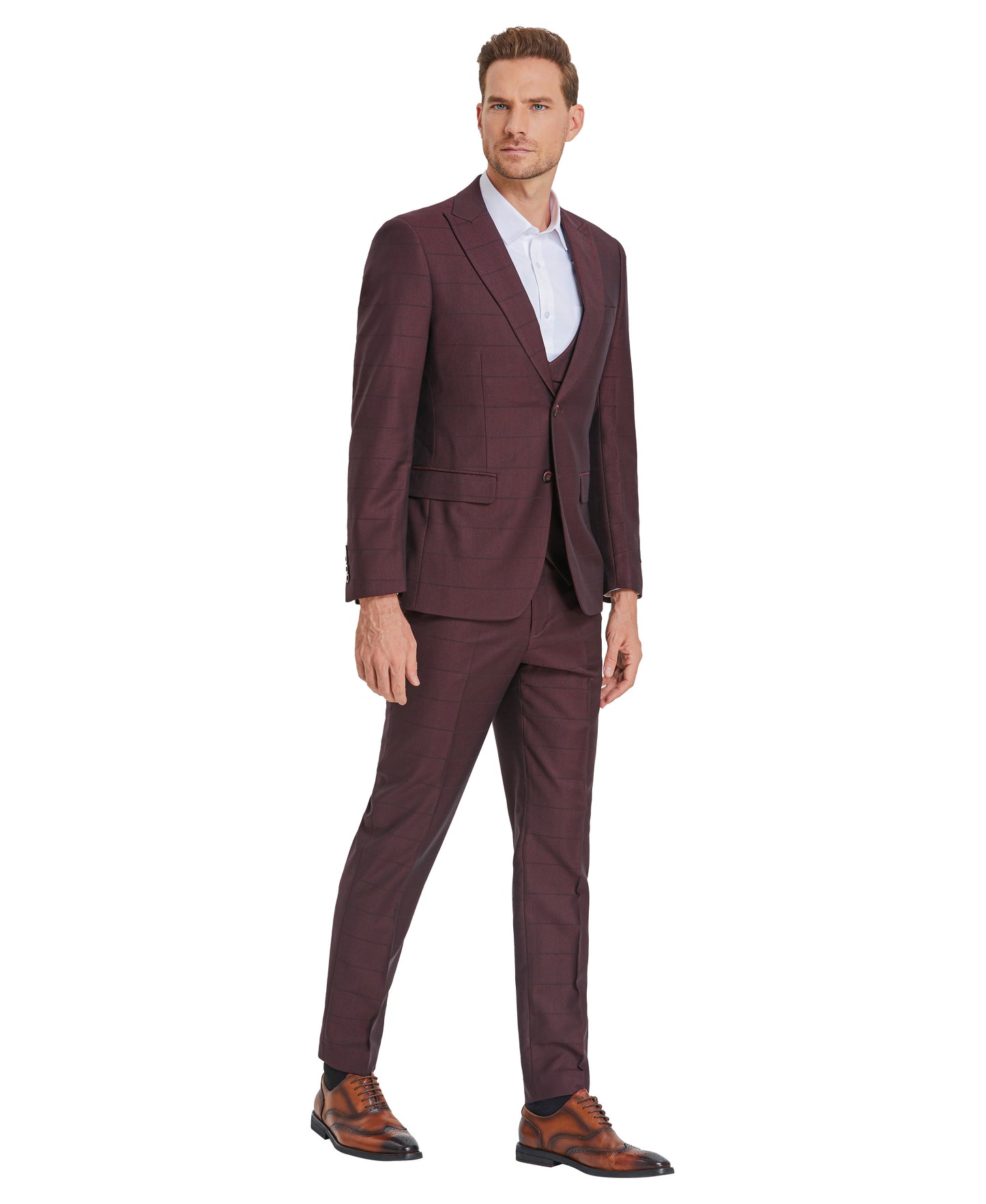 Tazzio Skinny Fit Window Plaid Suit, Double Breast U-Shape Vest, Dark Burgundy