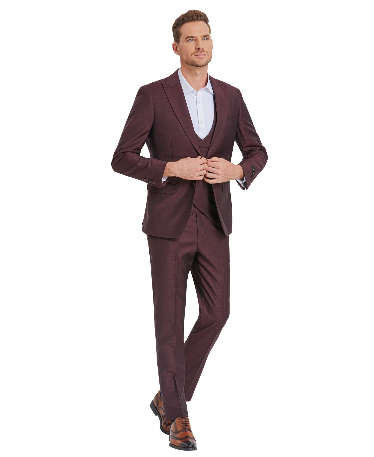 Tazzio Skinny Fit Window Plaid Suit, Double Breast U-Shape Vest, Dark Burgundy