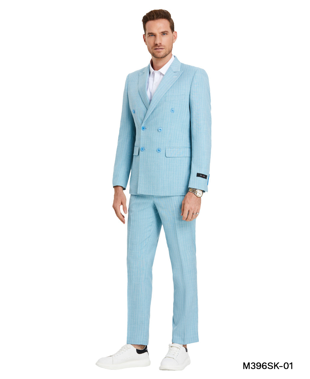 Tazzio Skinny Fit Pinstripe Double-breasted Suit, Celeste
