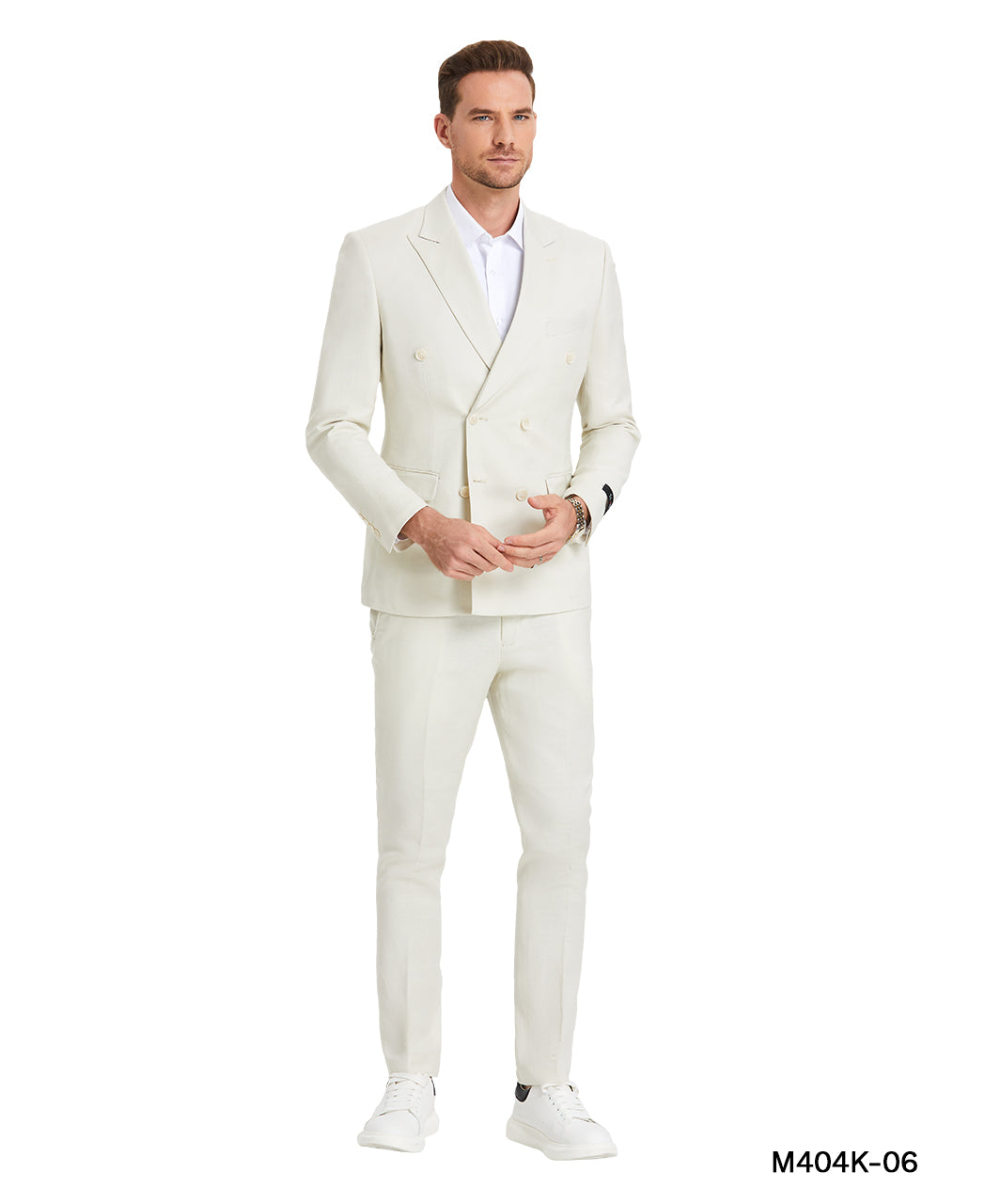 Tazzio Skinny-Fit 2pc Double-Breasted Summer Suit Set, Ivory