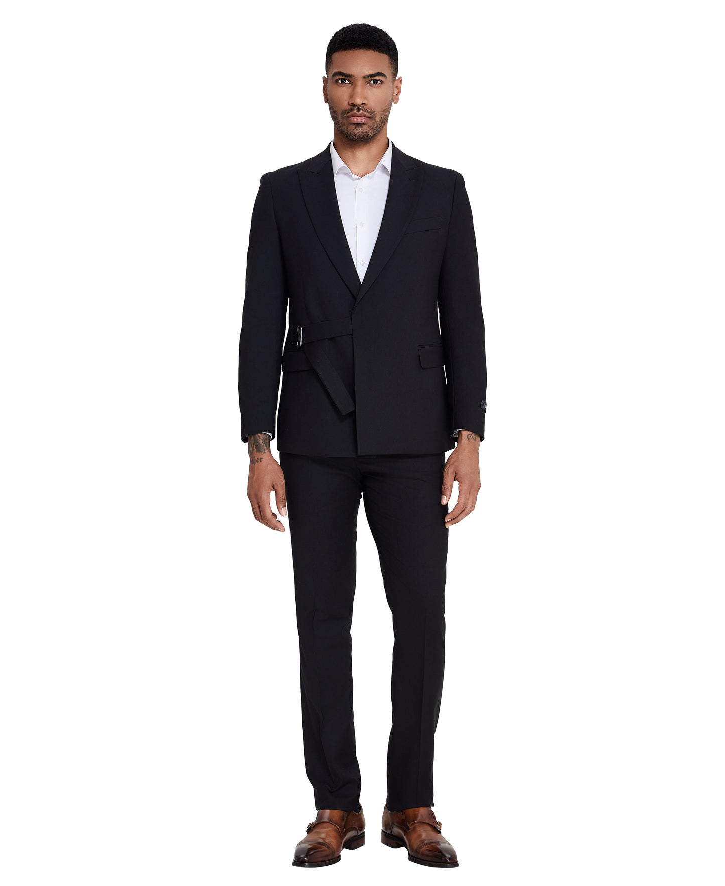 Tazzio 2pc Skinny-Fit Belted Suit Set, Black