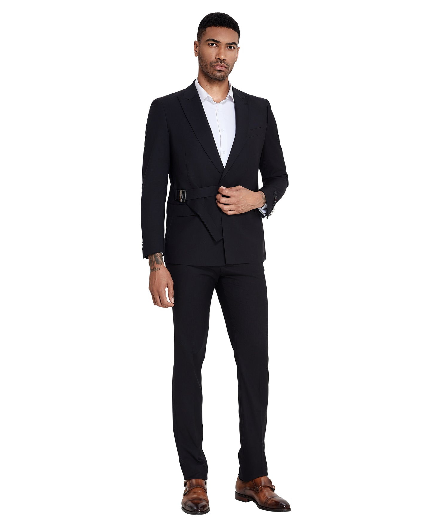 Tazzio 2pc Skinny-Fit Belted Suit Set, Black
