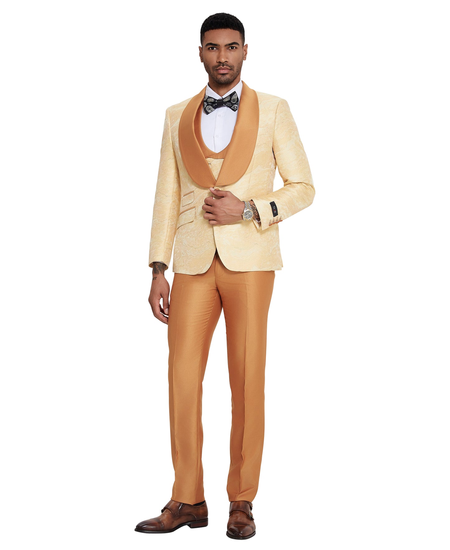 Tazzio 3pc Marbeled Vested Suit Set w/ Double Breasted Vest, Golden Orange