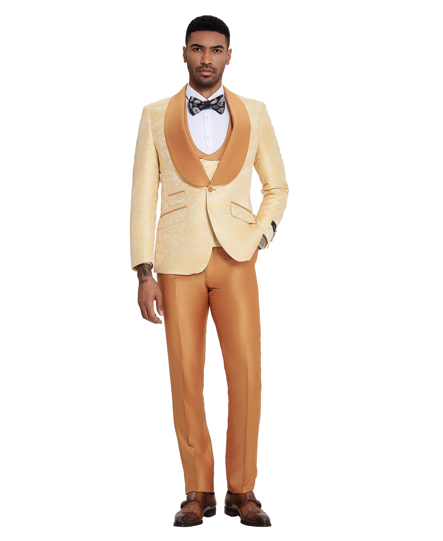 Tazzio 3pc Marbeled Vested Suit Set w/ Double Breasted Vest, Golden Orange