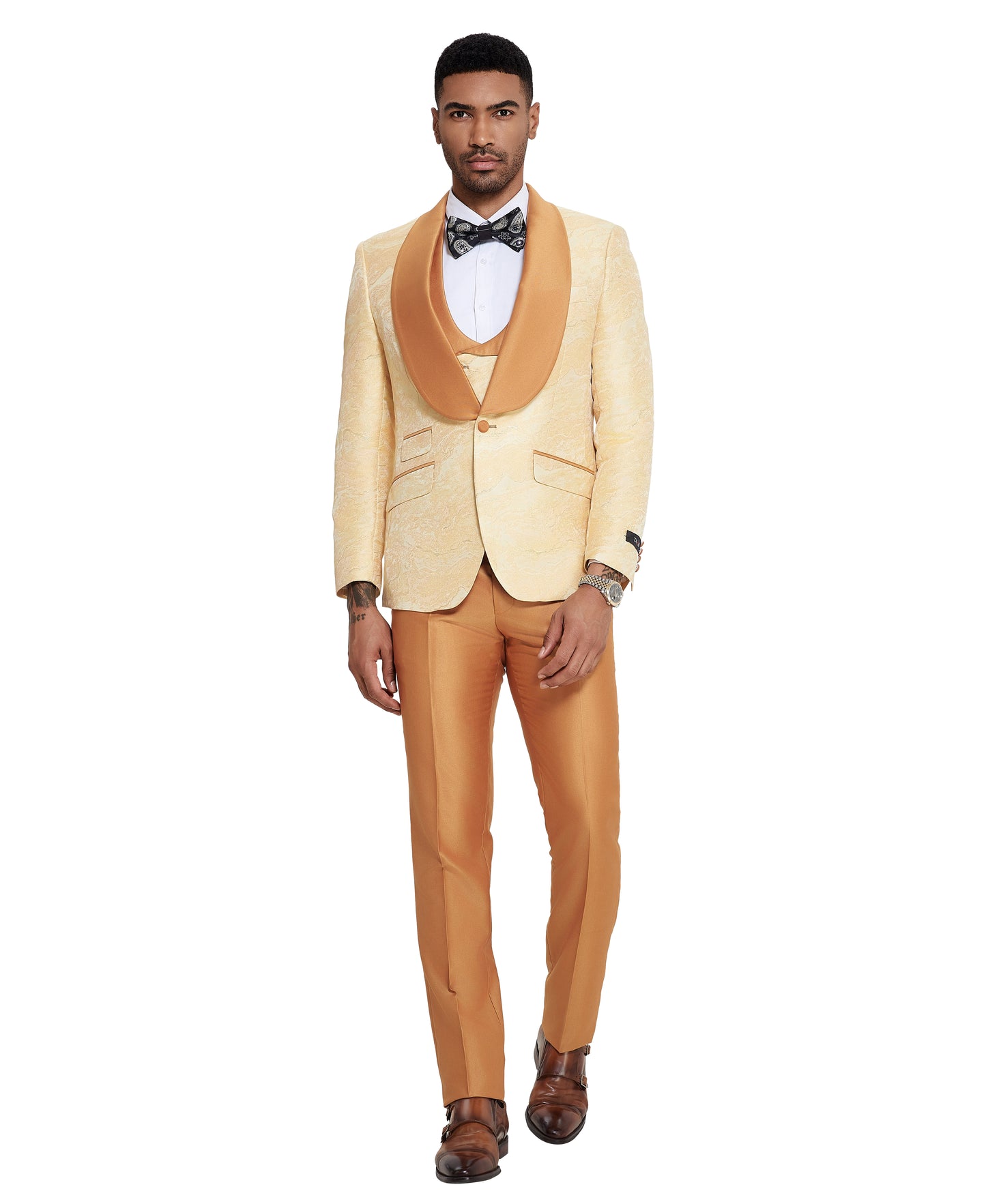 Tazzio 3pc Marbeled Vested Suit Set w/ Double Breasted Vest, Golden Orange
