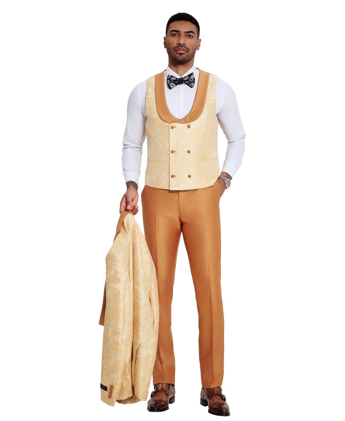 Tazzio 3pc Marbeled Vested Suit Set w/ Double Breasted Vest, Golden Orange