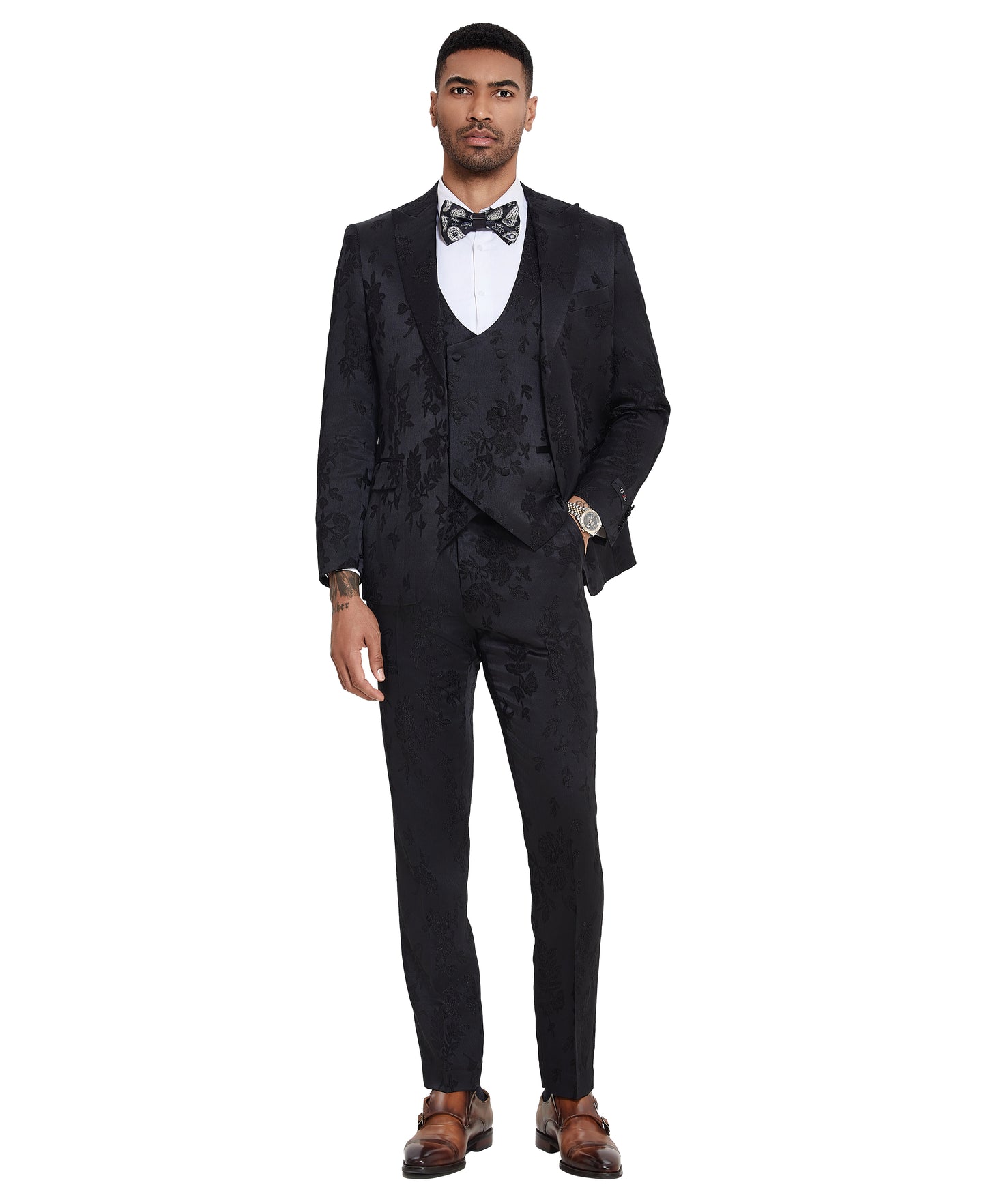 Tazzio 3pc Floral Skinny-Fit Suit Set w/ Double Breasted Vest, Black
