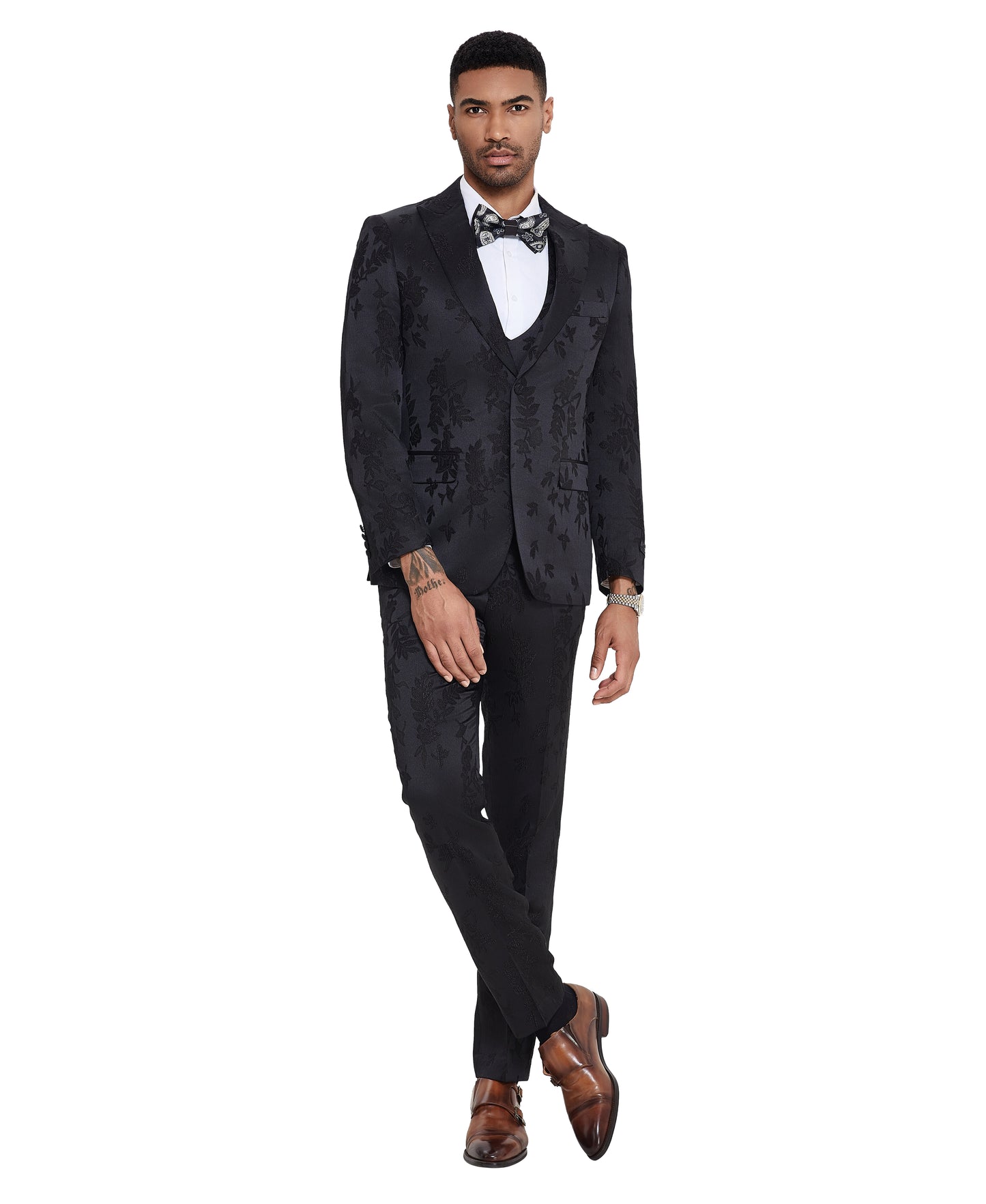 Tazzio 3pc Floral Skinny-Fit Suit Set w/ Double Breasted Vest, Black