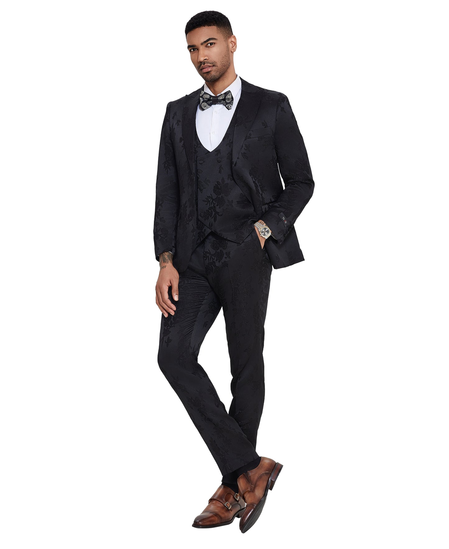 Tazzio 3pc Floral Skinny-Fit Suit Set w/ Double Breasted Vest, Black