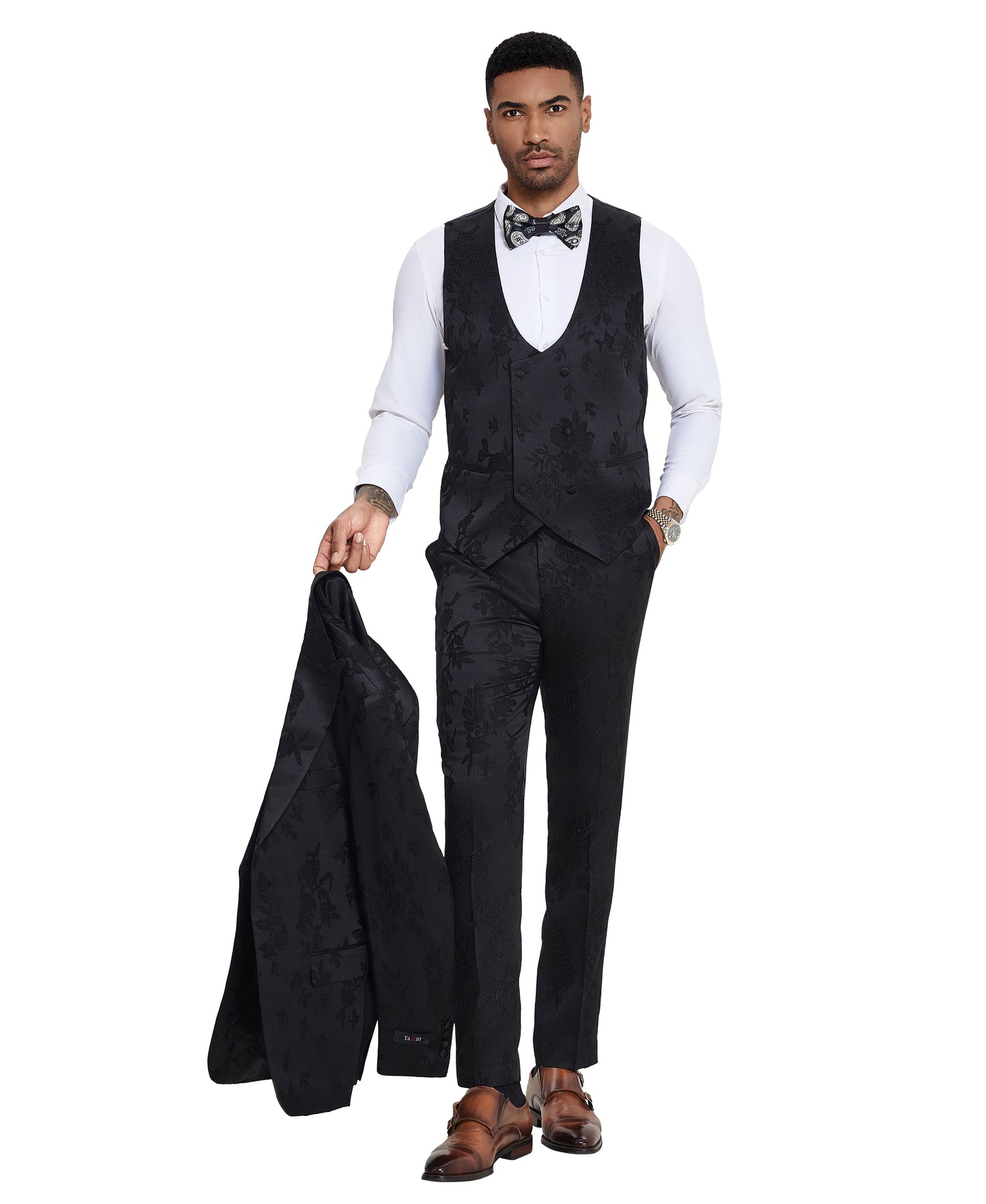 Tazzio 3pc Floral Skinny-Fit Suit Set w/ Double Breasted Vest, Black