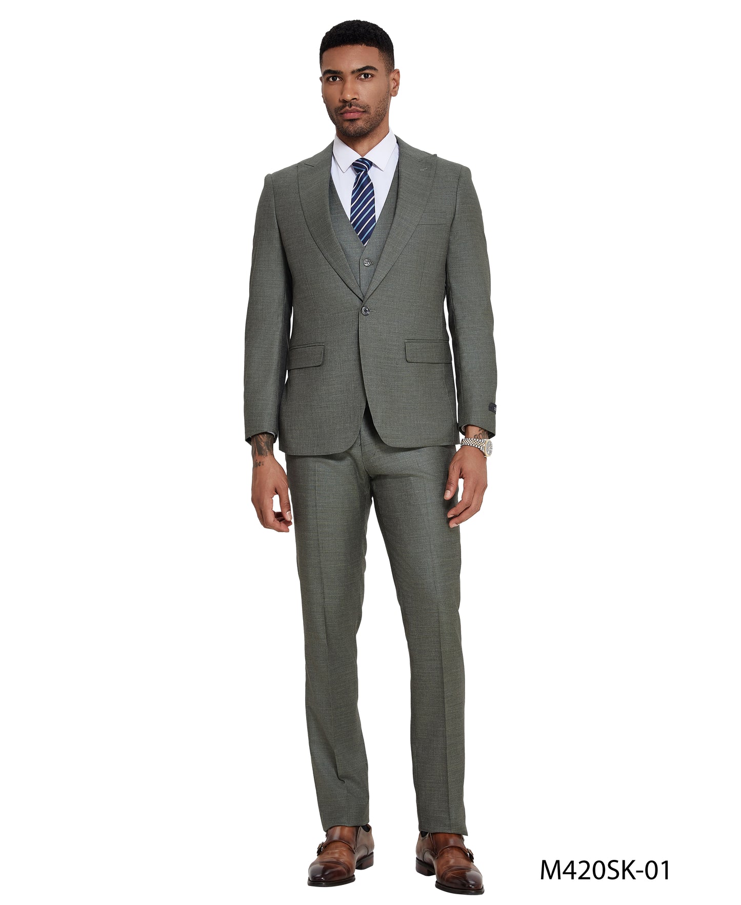 Tazzio Peak Lapel 3pc Sharkskin Suit Set, Sage