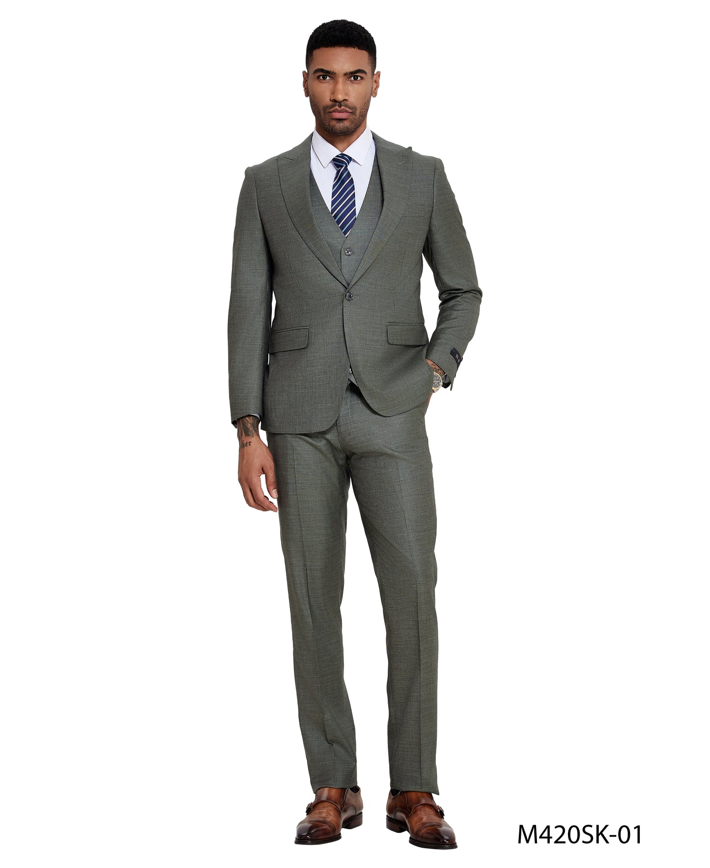 Tazzio Peak Lapel 3pc Sharkskin Suit Set, Sage