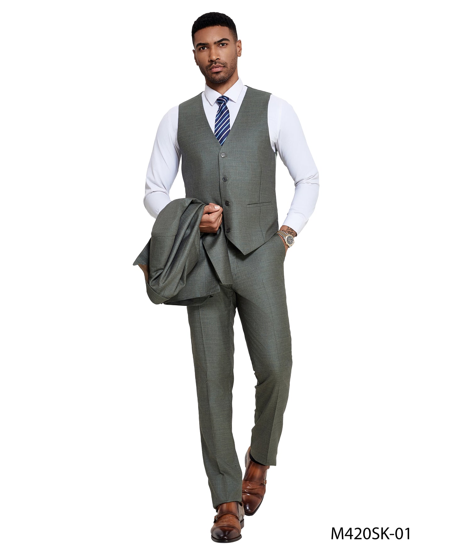 Tazzio Peak Lapel 3pc Sharkskin Suit Set, Sage