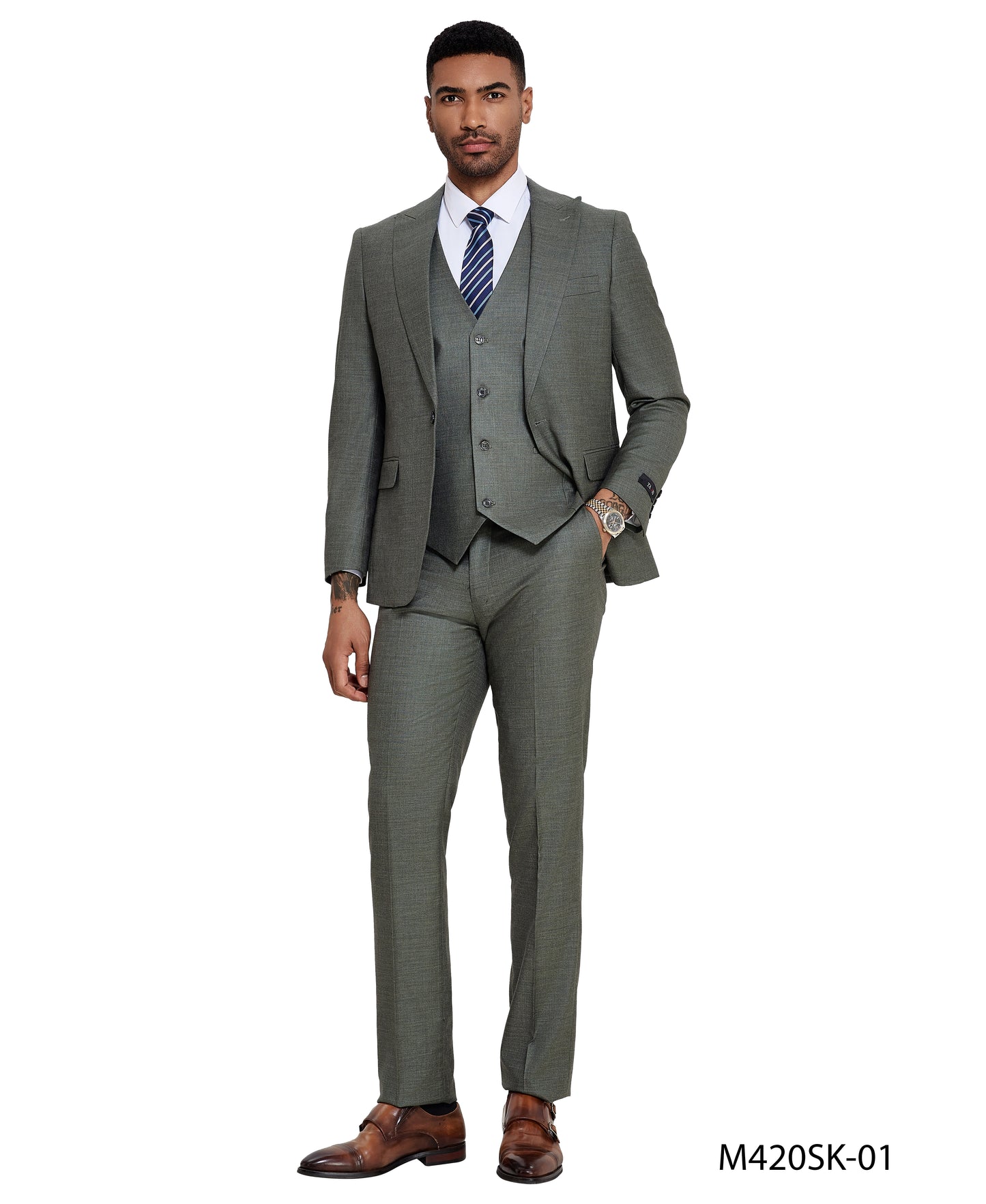 Tazzio Peak Lapel 3pc Sharkskin Suit Set, Sage