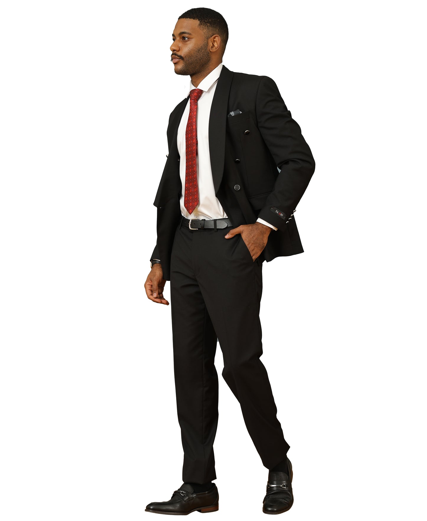 Tazzio Men’s Skinny Fit 3 Piece Suit Set, Double Breasted Shawl Lapel