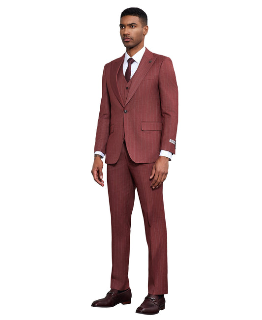 Stacy Adams Men's Hybrid Fit 3-Piece Pinstripe Suit – Peak Lapel – Wedding & Gala