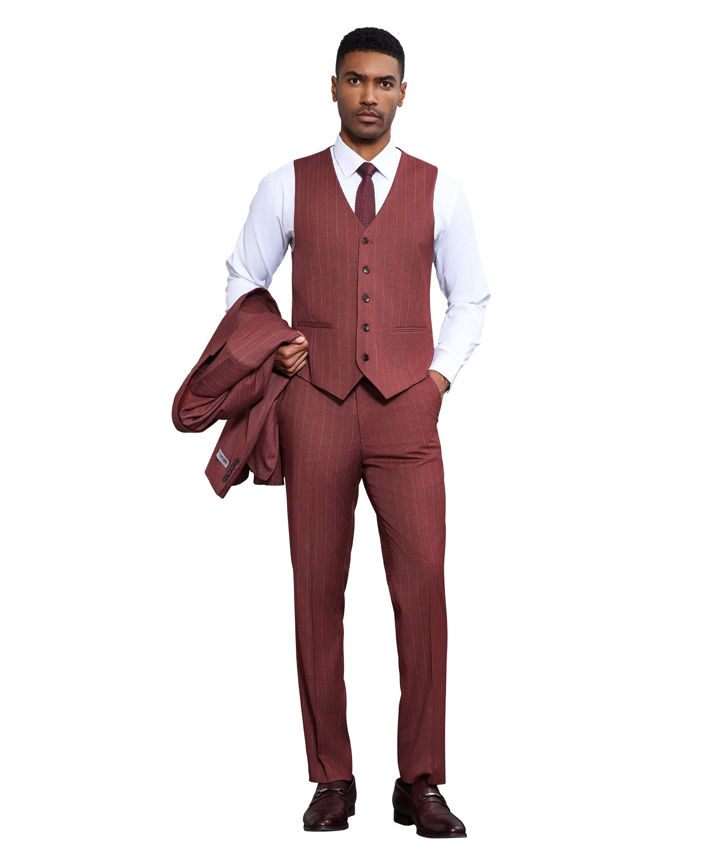 Stacy Adams Men's Hybrid Fit 3-Piece Pinstripe Suit – Peak Lapel – Wedding & Gala