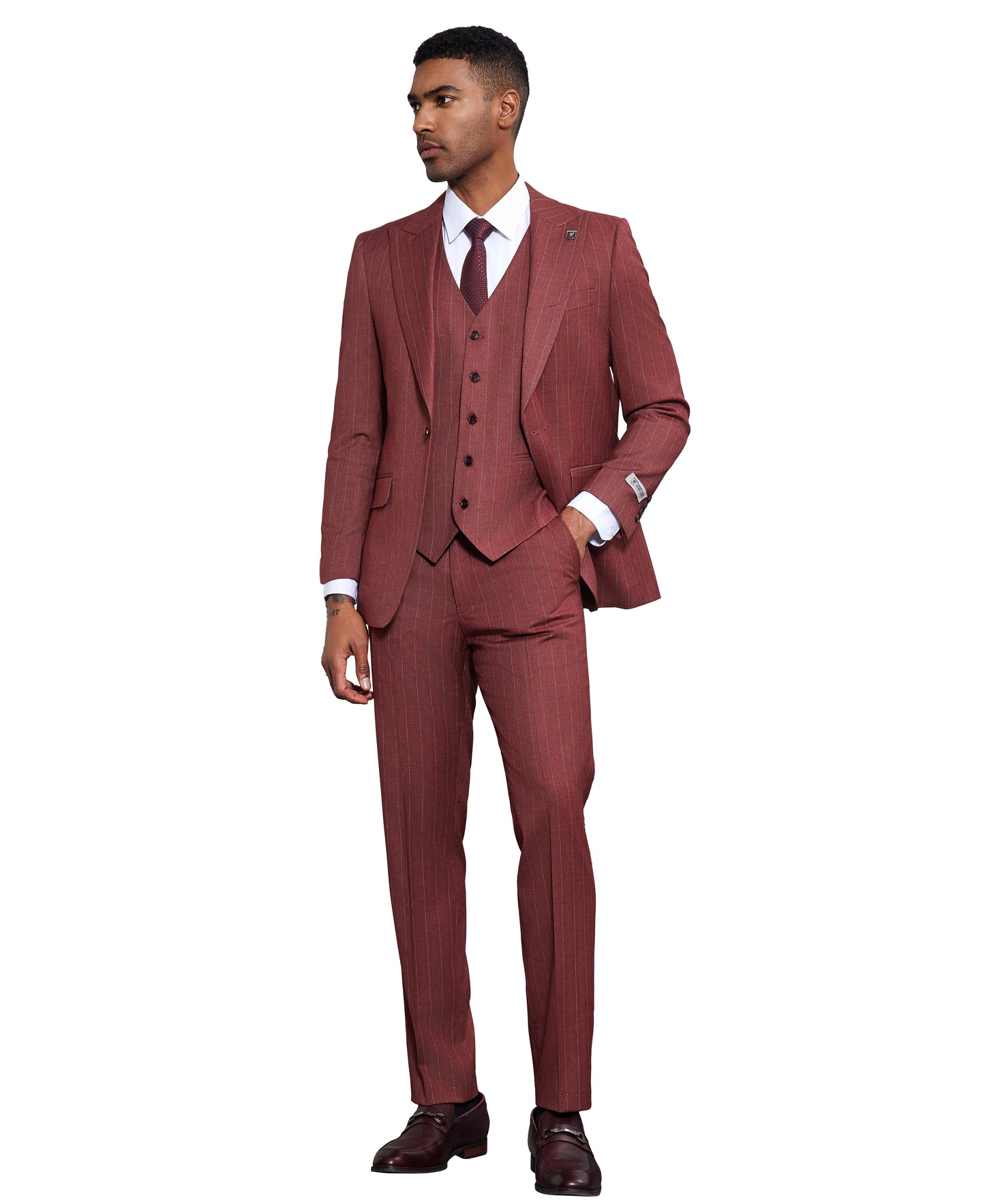 Stacy Adams Men's Hybrid Fit 3-Piece Pinstripe Suit – Peak Lapel – Wedding & Gala