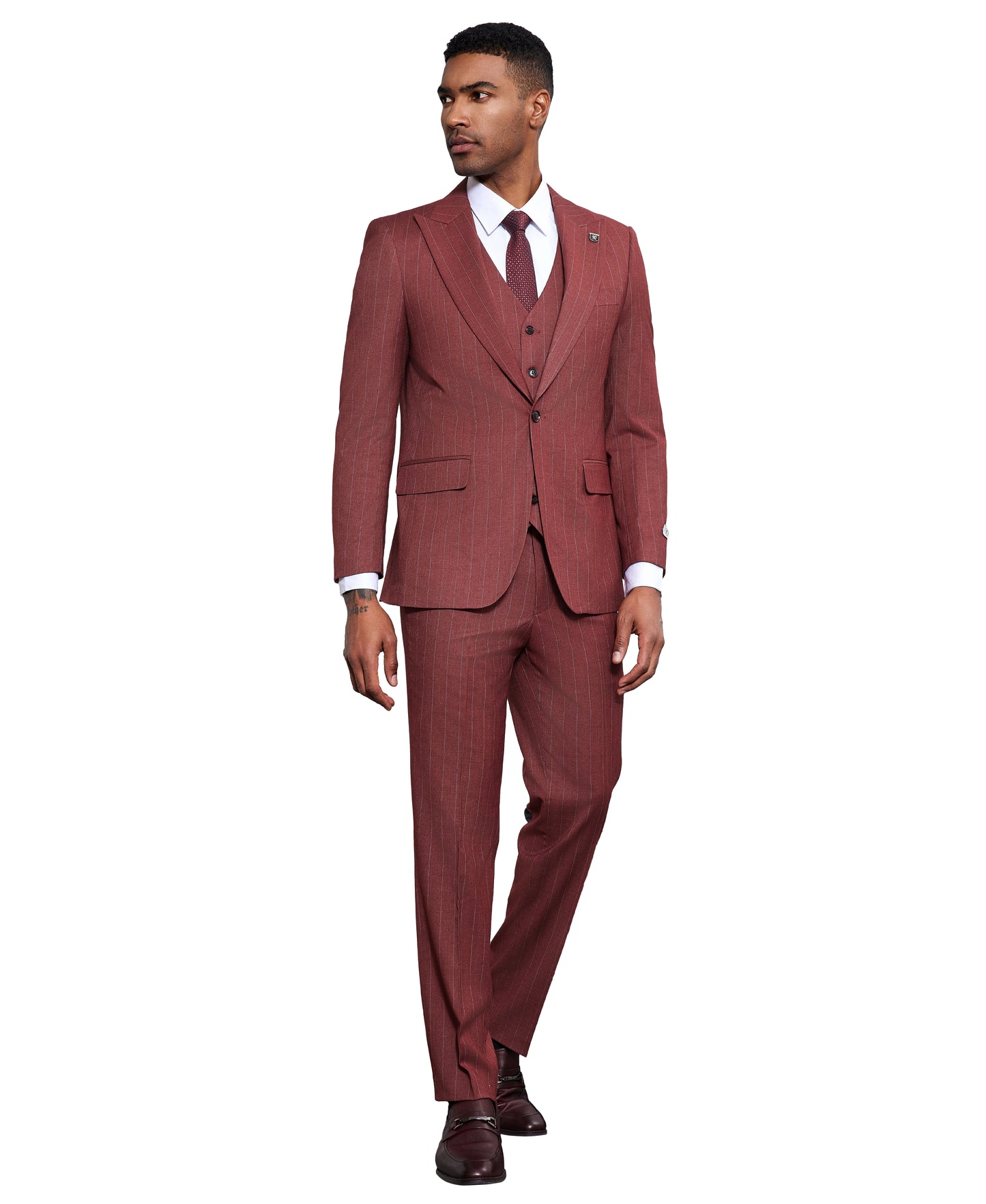 Stacy Adams Men's Hybrid Fit 3-Piece Pinstripe Suit – Peak Lapel – Wedding & Gala
