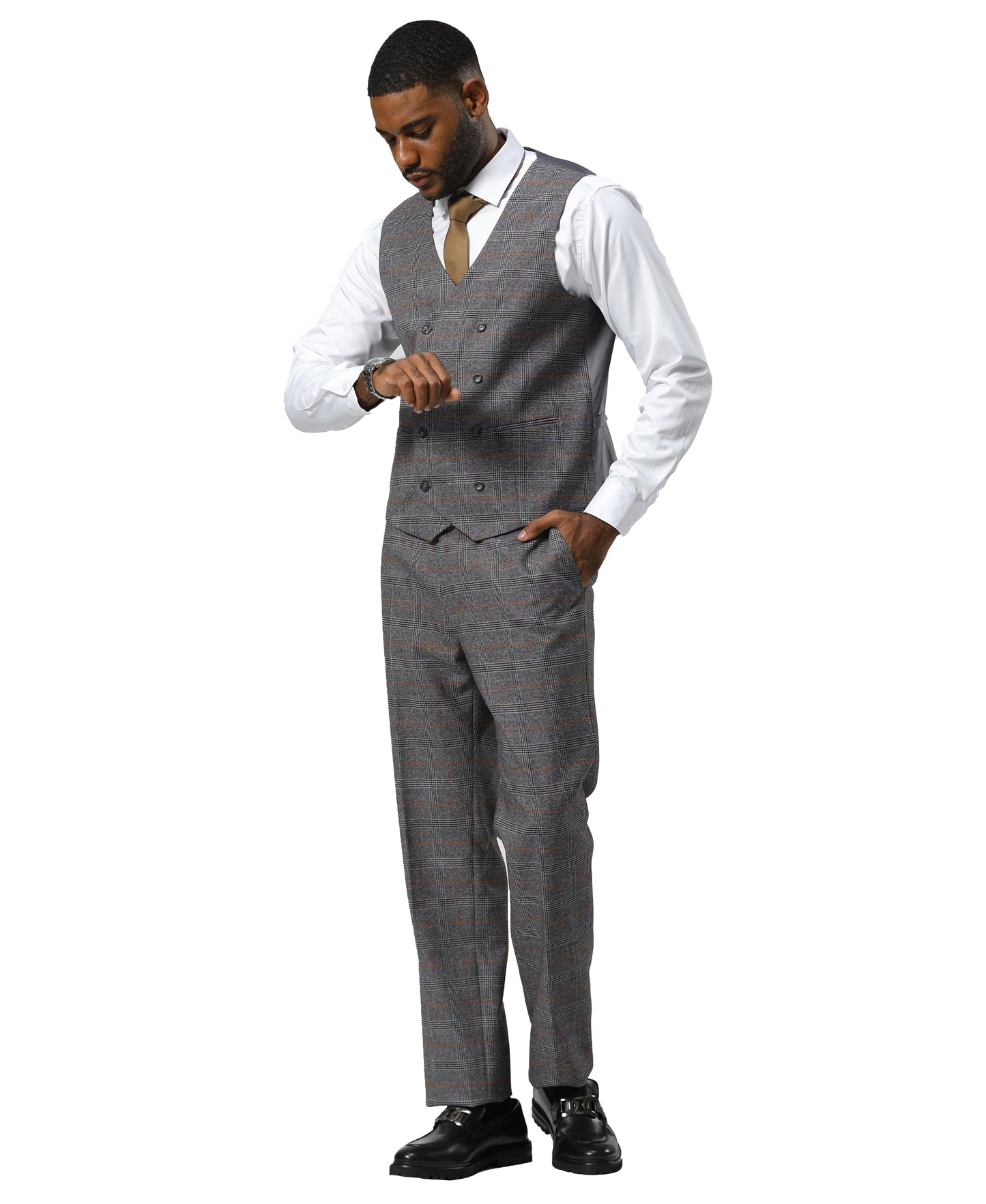 Stacy Adams Windowpane Peak Lapel 3pc Suit Set, Grey