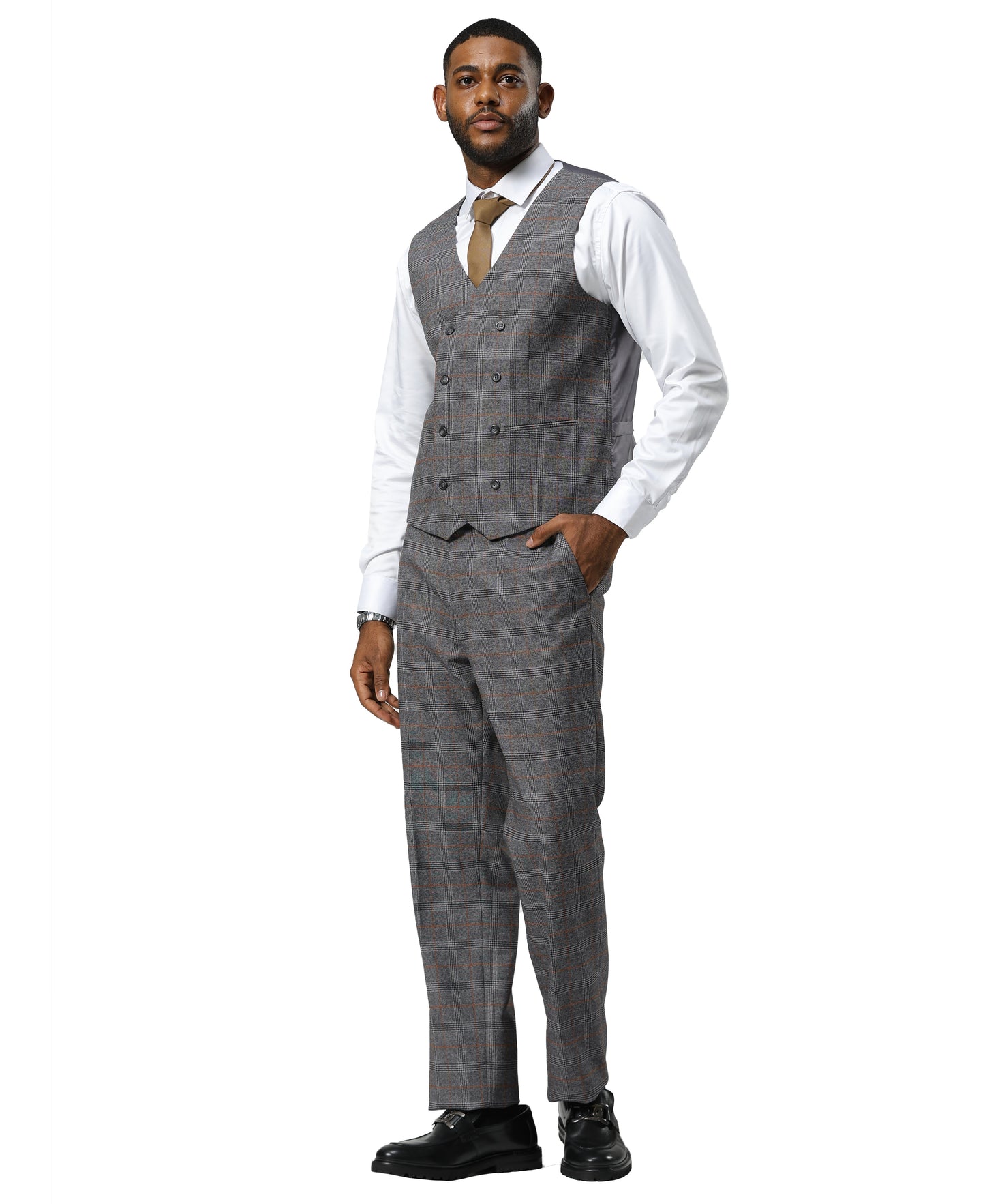 Stacy Adams Windowpane Peak Lapel 3pc Suit Set, Grey