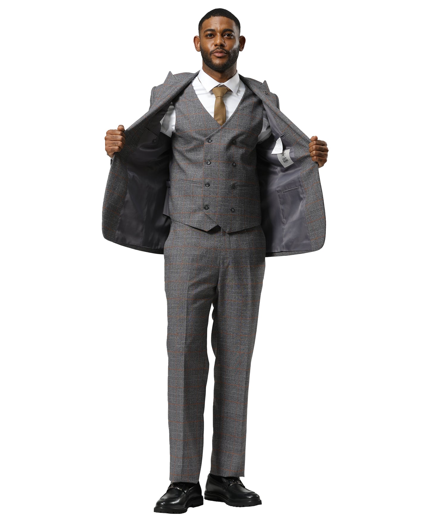 Stacy Adams Windowpane Peak Lapel 3pc Suit Set, Grey