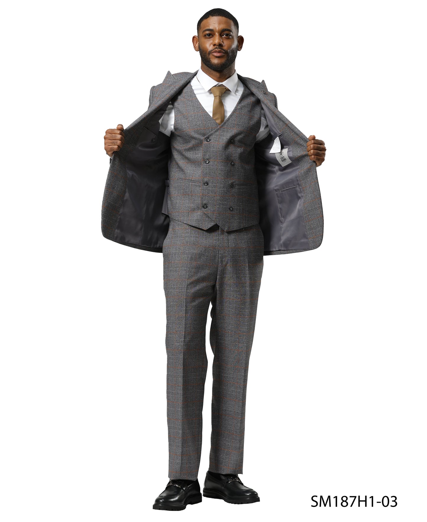 Stacy Adams Windowpane Peak Lapel 3pc Suit Set, Grey