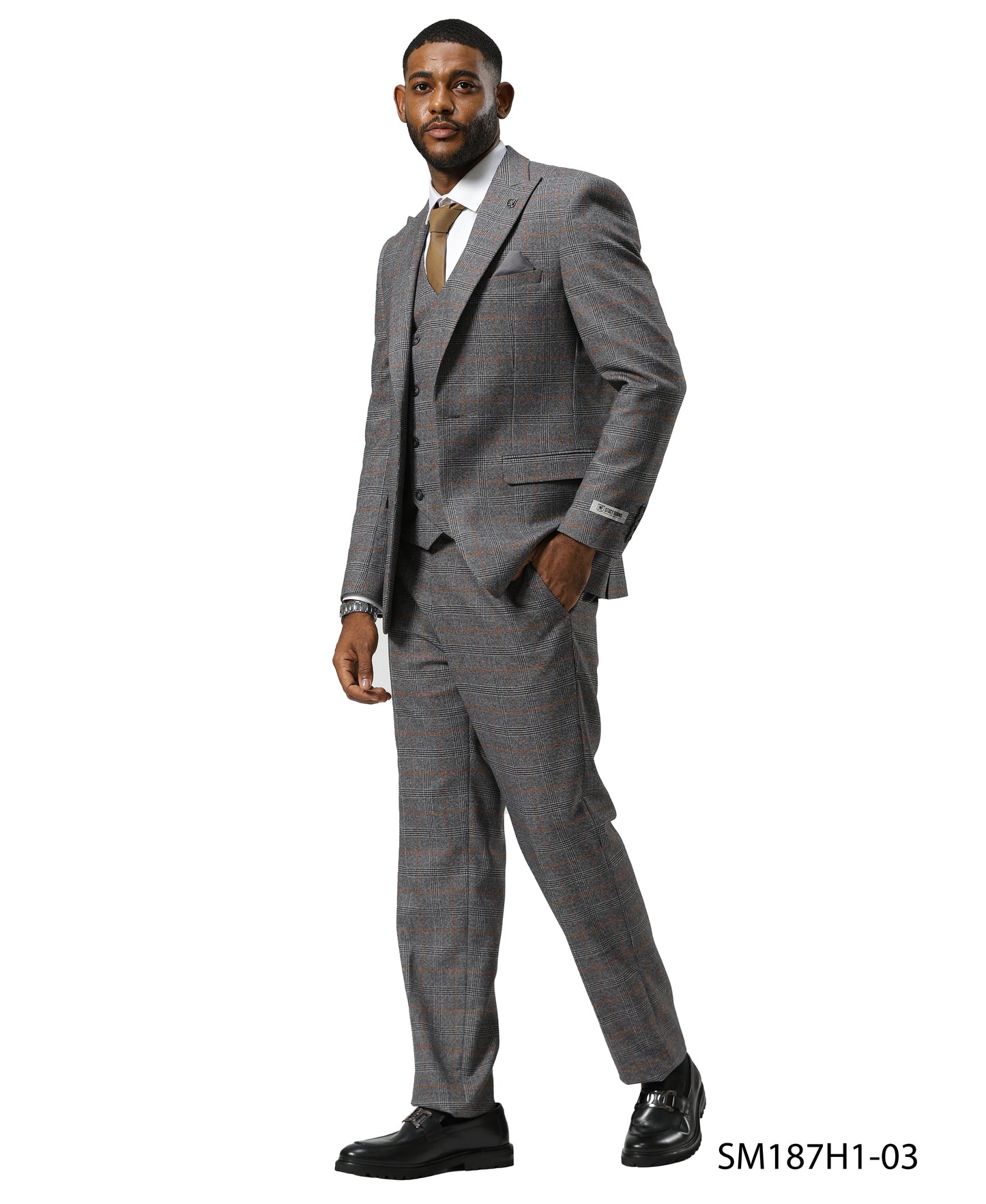 Stacy Adams Windowpane Peak Lapel 3pc Suit Set, Grey