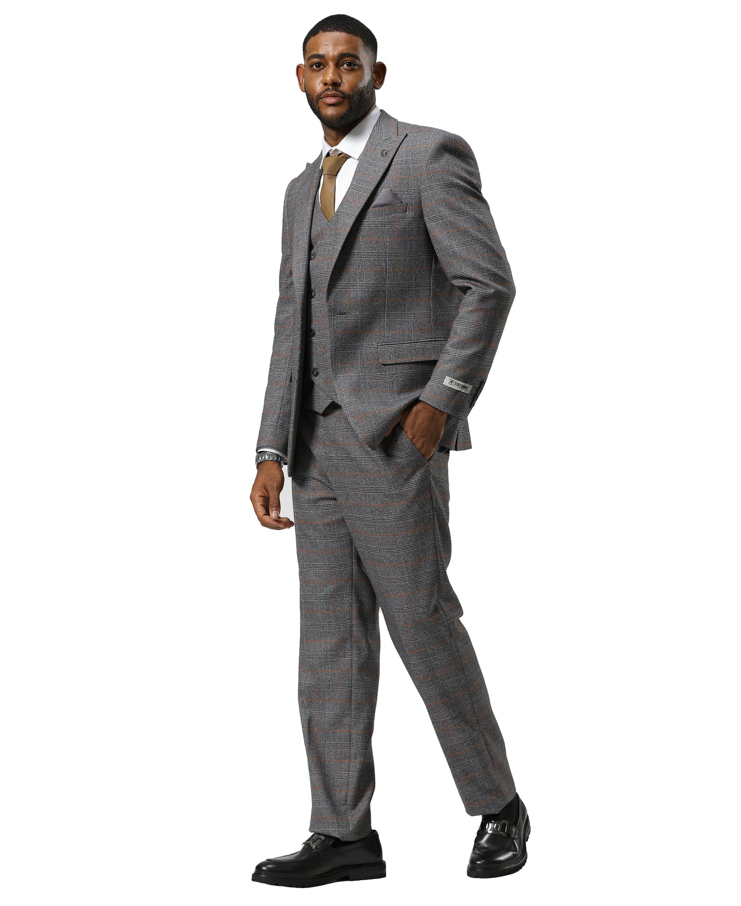 Stacy Adams Windowpane Peak Lapel 3pc Suit Set, Grey