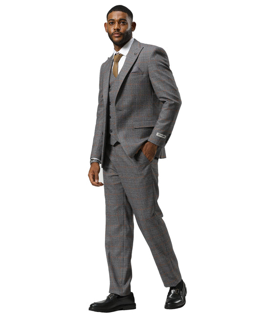 Stacy Adams Windowpane Peak Lapel 3pc Suit Set, Grey