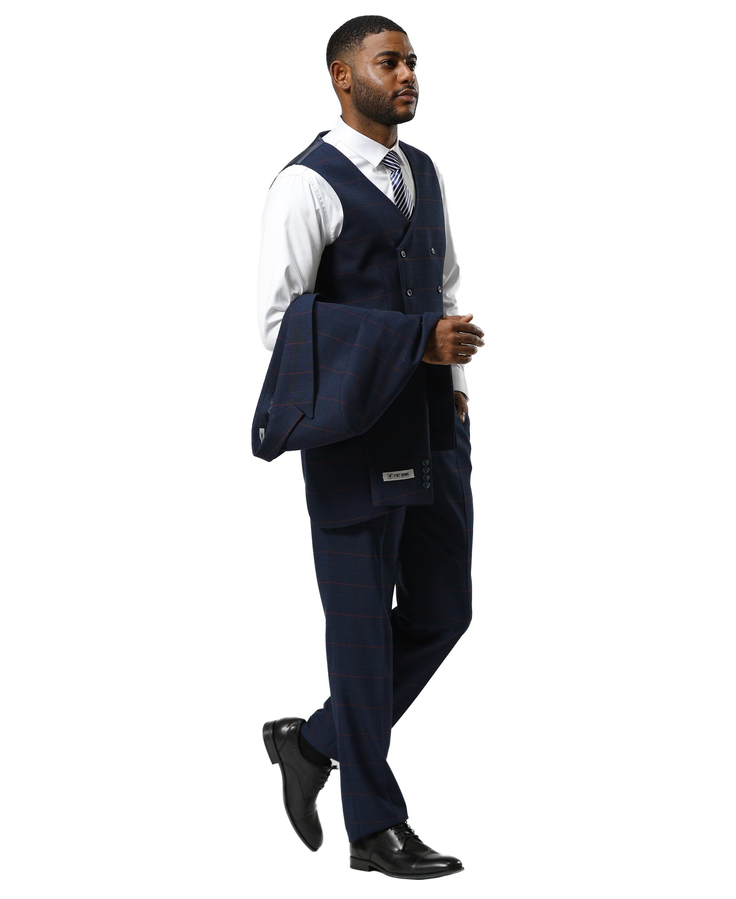 Stacy Adams Windowpane Peak Lapel 3pc Suit Set, Dark Navy
