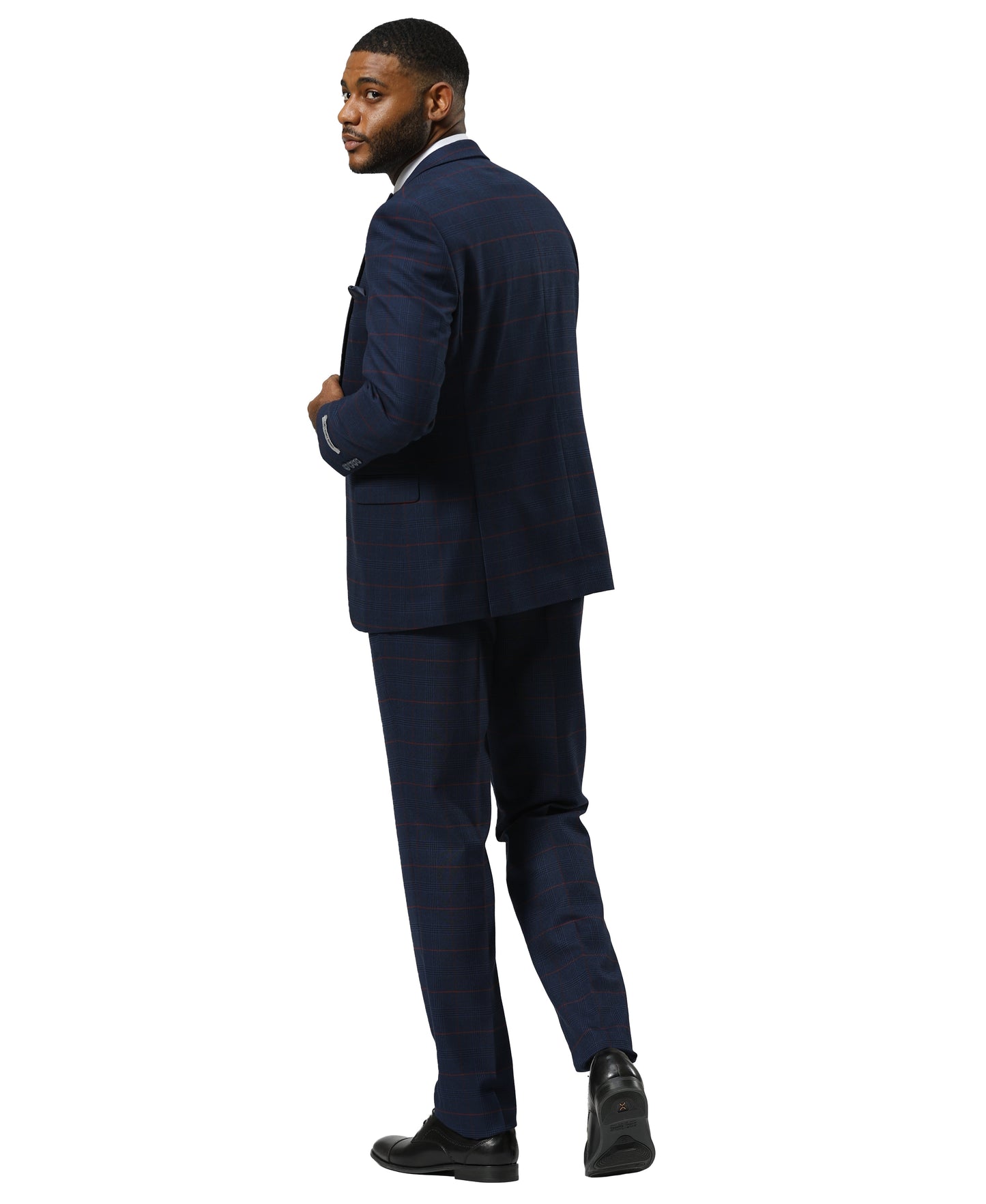 Stacy Adams Windowpane Peak Lapel 3pc Suit Set, Dark Navy