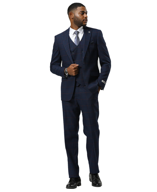 Stacy Adams Windowpane Peak Lapel 3pc Suit Set, Dark Navy
