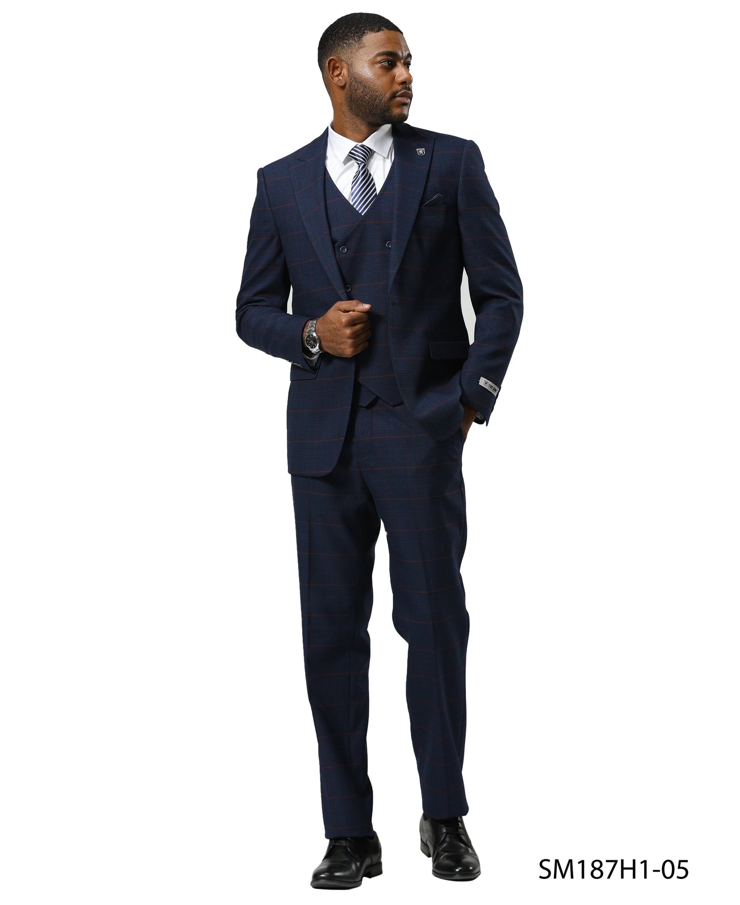 Stacy Adams Windowpane Peak Lapel 3pc Suit Set, Dark Navy