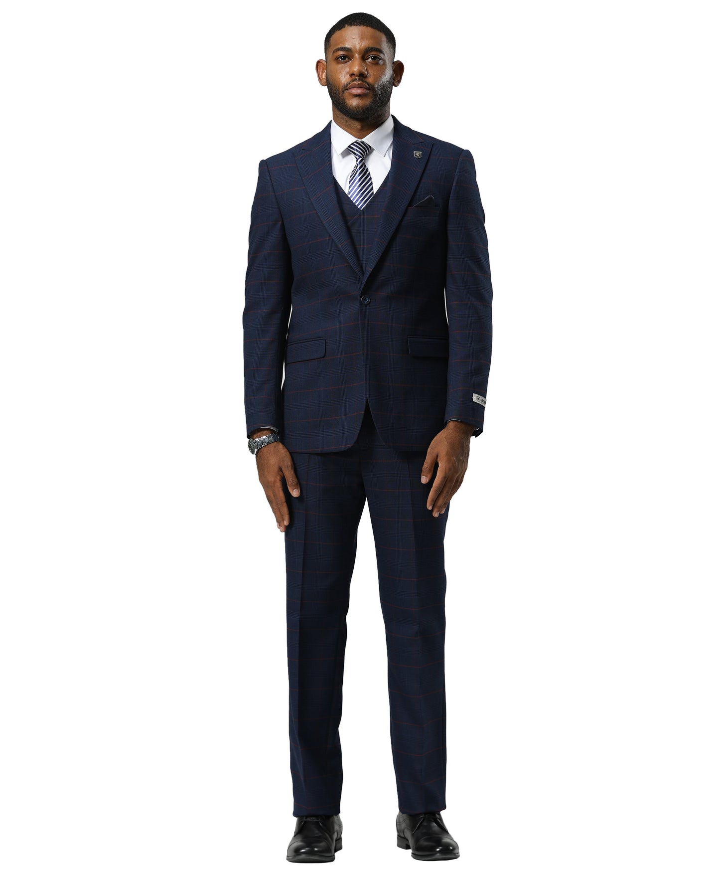 Stacy Adams Windowpane Peak Lapel 3pc Suit Set, Dark Navy