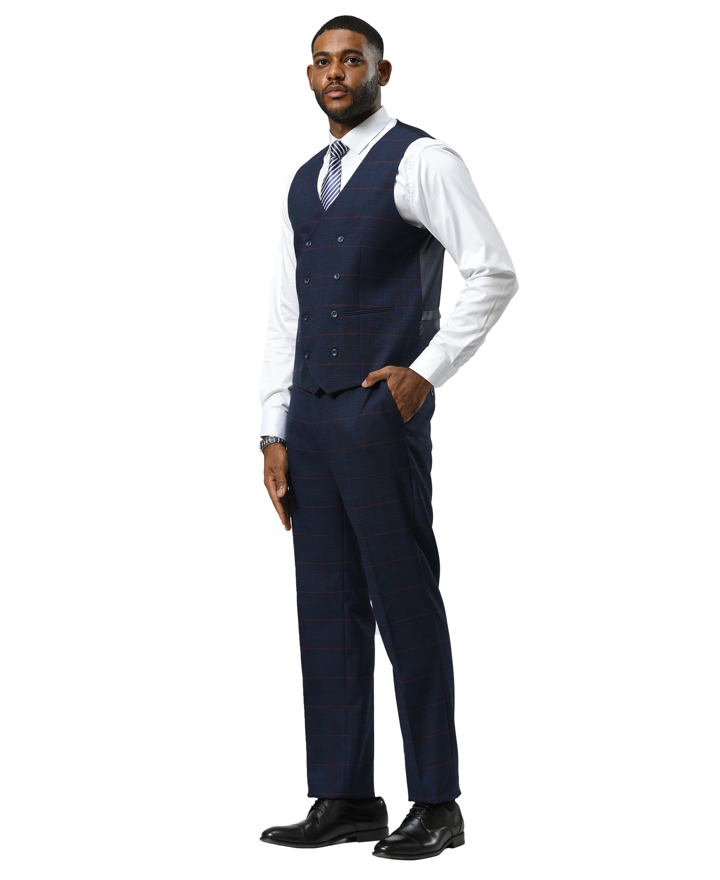 Stacy Adams Windowpane Peak Lapel 3pc Suit Set, Dark Navy