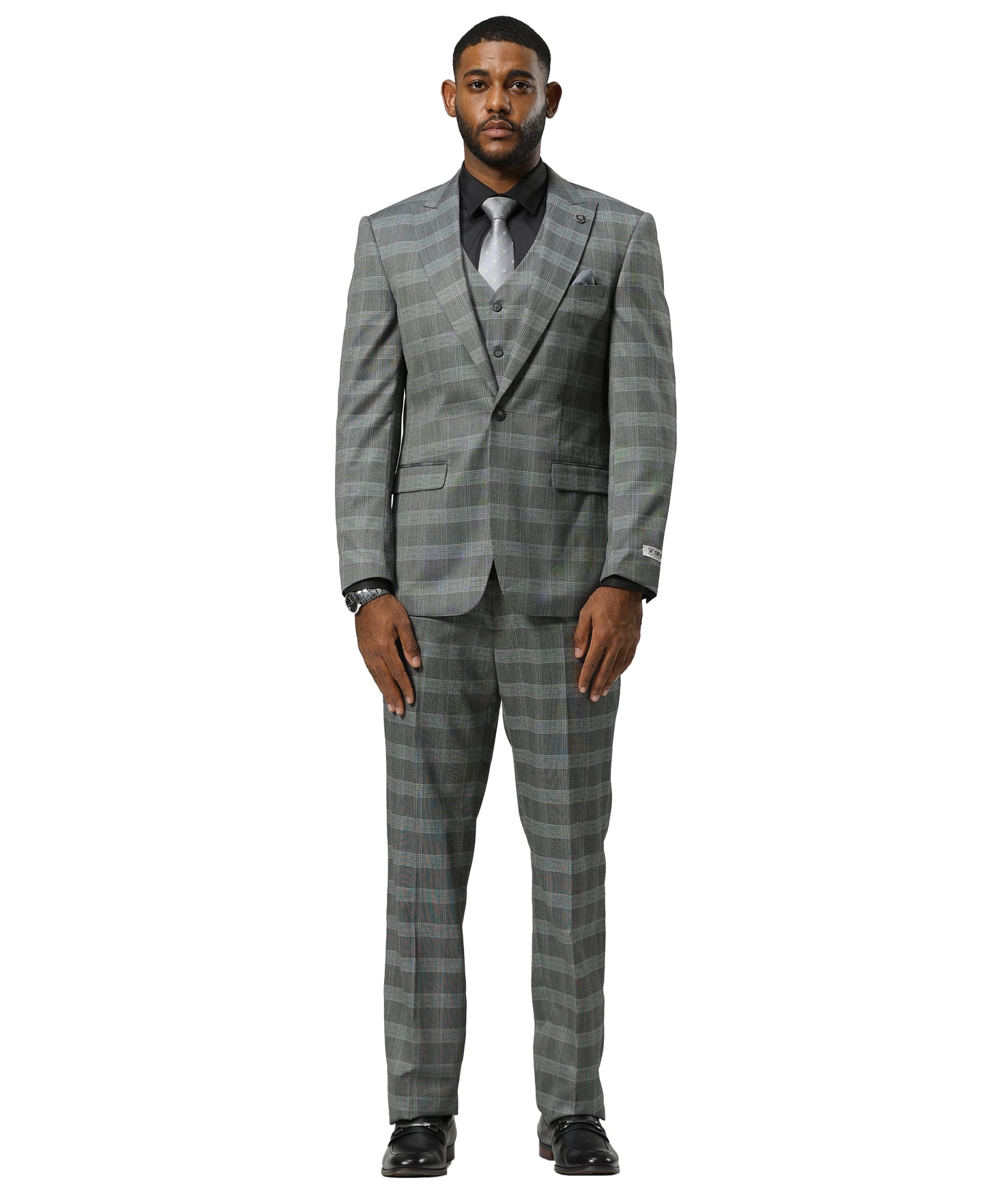 Stacy Adams Glen-Check Peak Lapel 3pc Suit Set, Grey