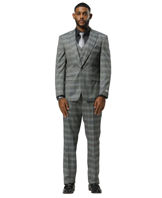 Stacy Adams Glen-Check Peak Lapel 3pc Suit Set, Grey