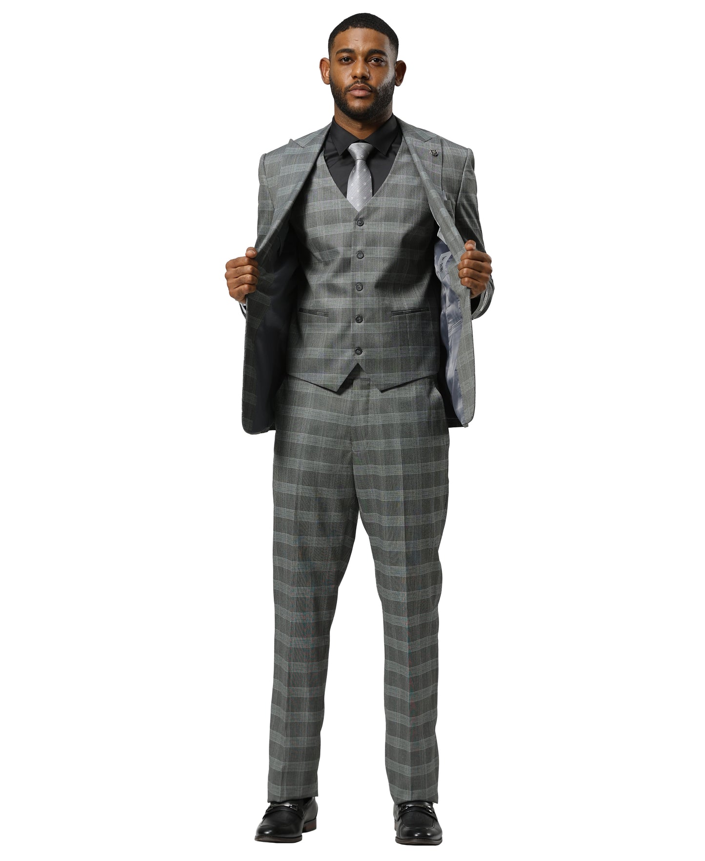 Stacy Adams Glen-Check Peak Lapel 3pc Suit Set, Grey