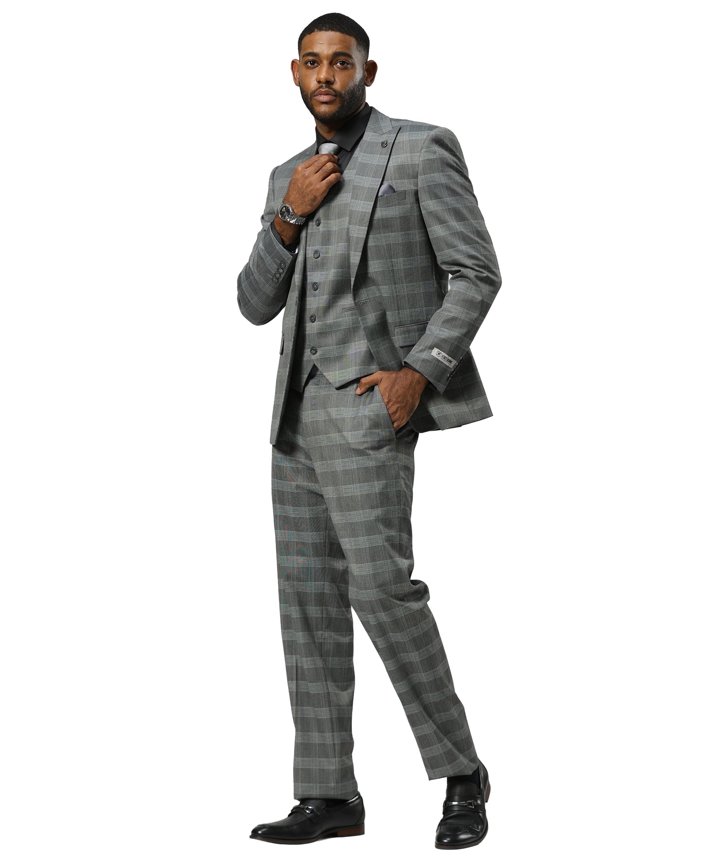 Stacy Adams Glen-Check Peak Lapel 3pc Suit Set, Grey