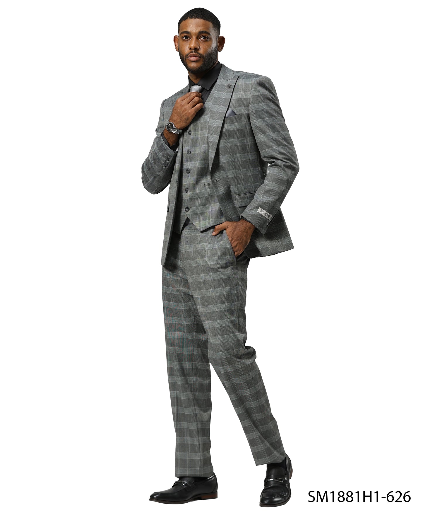 Stacy Adams Glen-Check Peak Lapel 3pc Suit Set, Grey