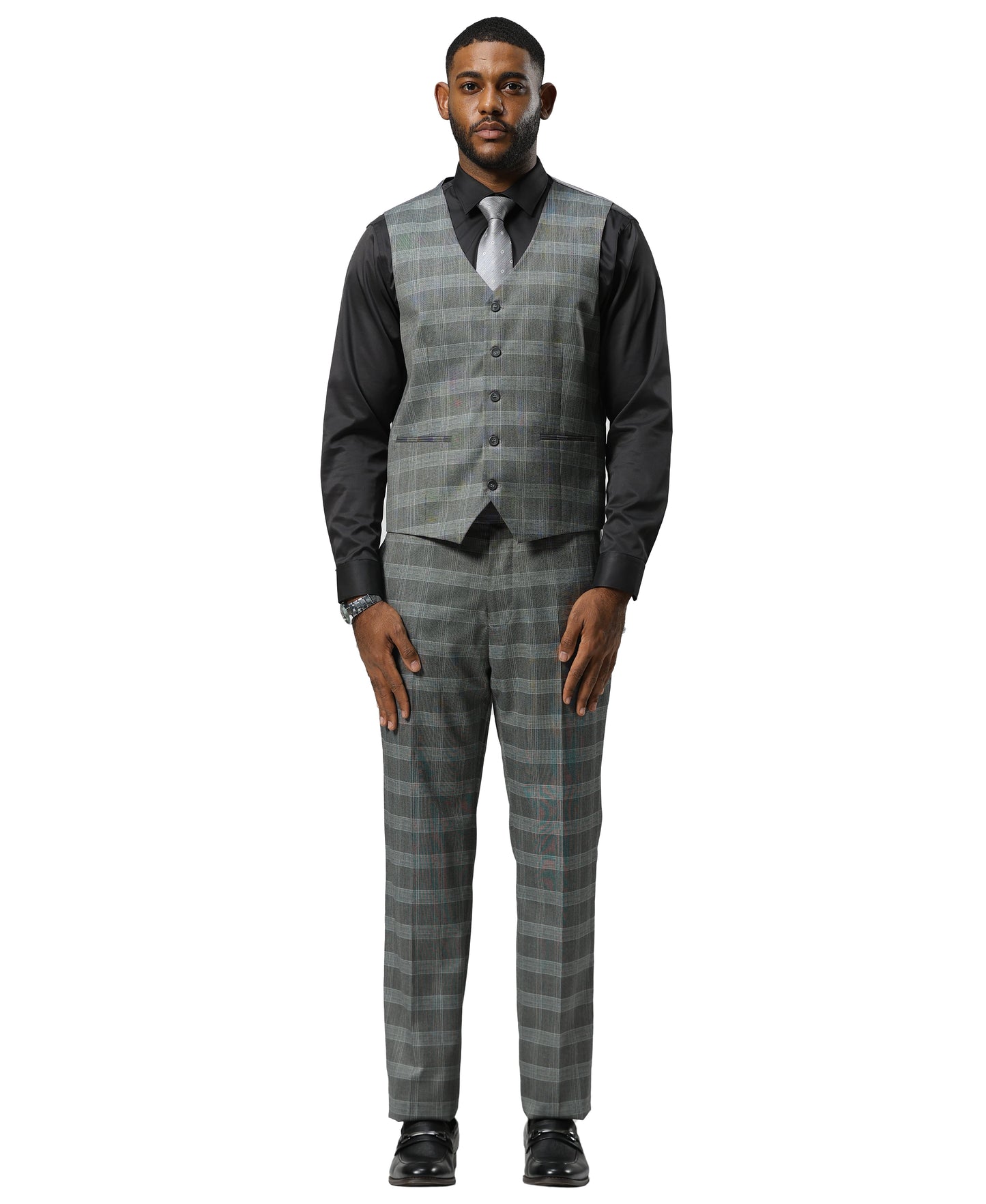 Stacy Adams Glen-Check Peak Lapel 3pc Suit Set, Grey