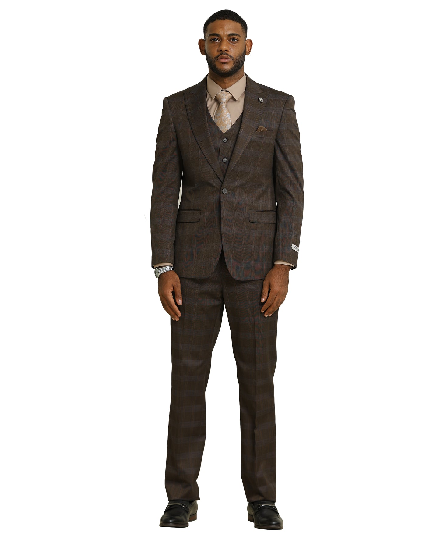 Stacy Adams Glen-Check Peak Lapel 3pc Suit Set, Brown