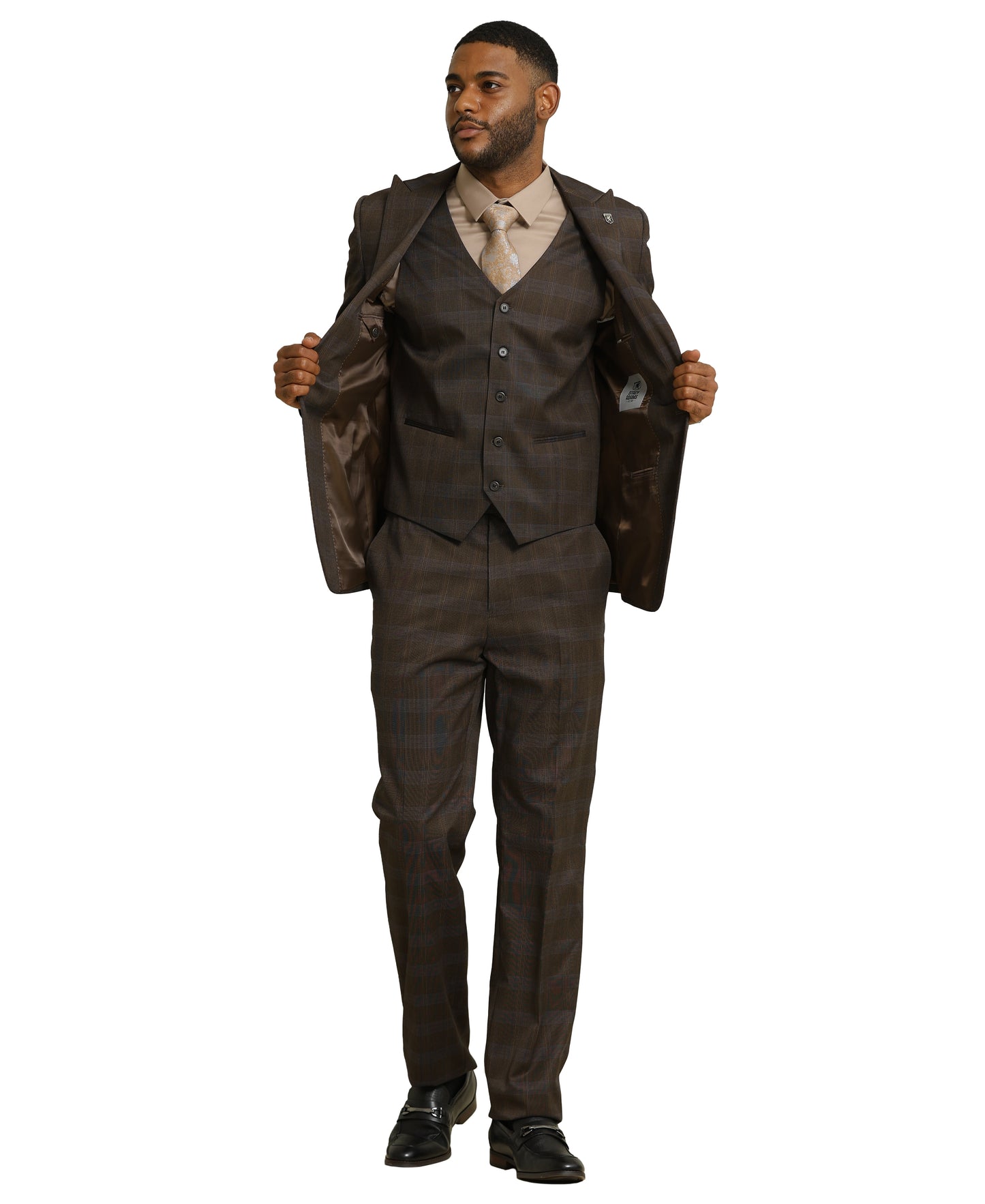 Stacy Adams Glen-Check Peak Lapel 3pc Suit Set, Brown